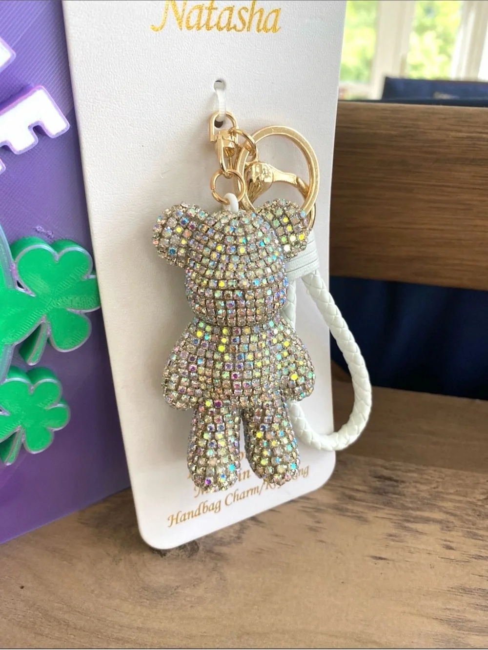 Natasha Couture Crystal Bear Bag Charm - Silver Iridescent Keychain New